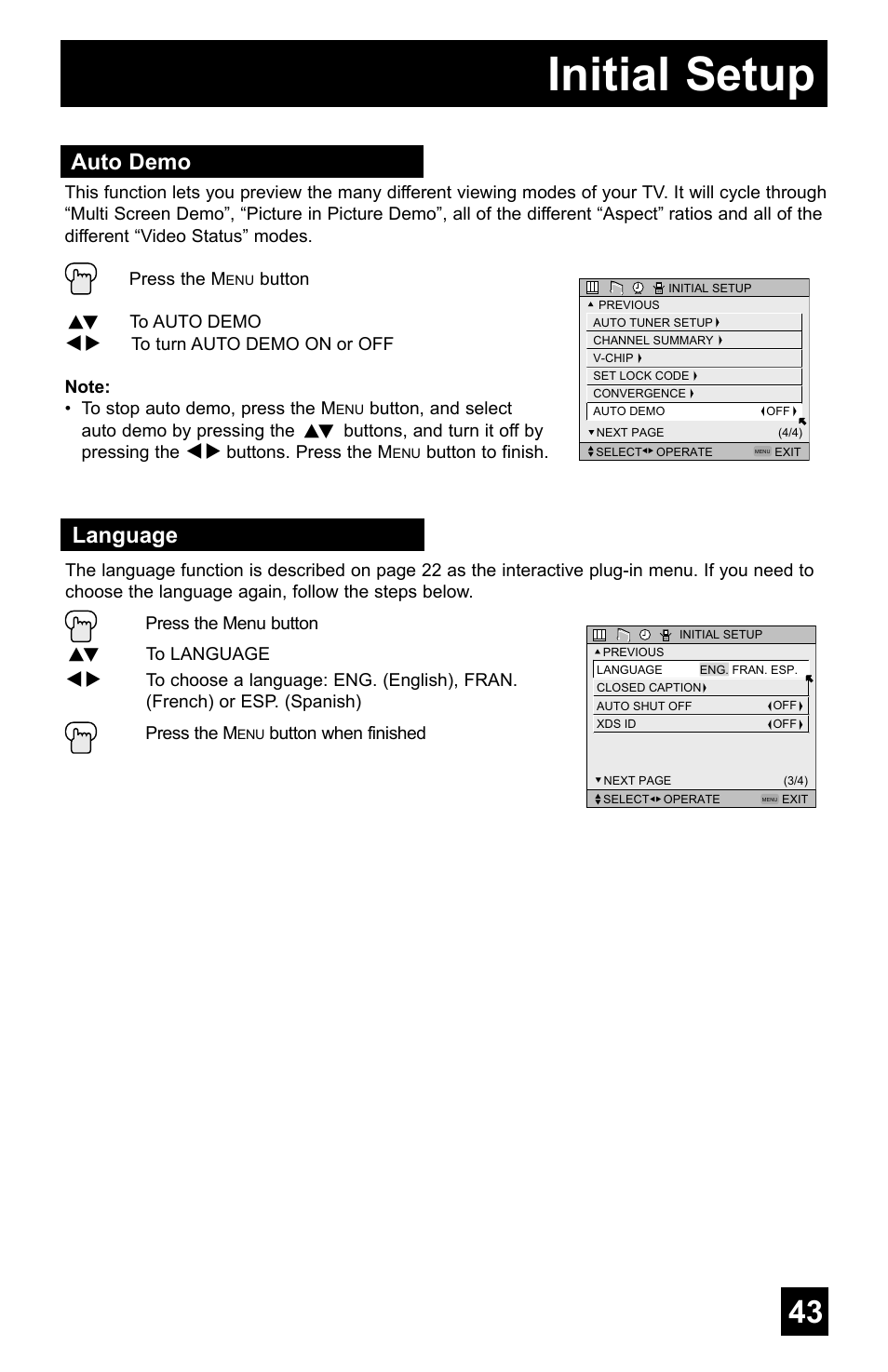 Initial setup, Language, Auto demo | JVC AV-48WP55 User Manual | Page 43 / 72