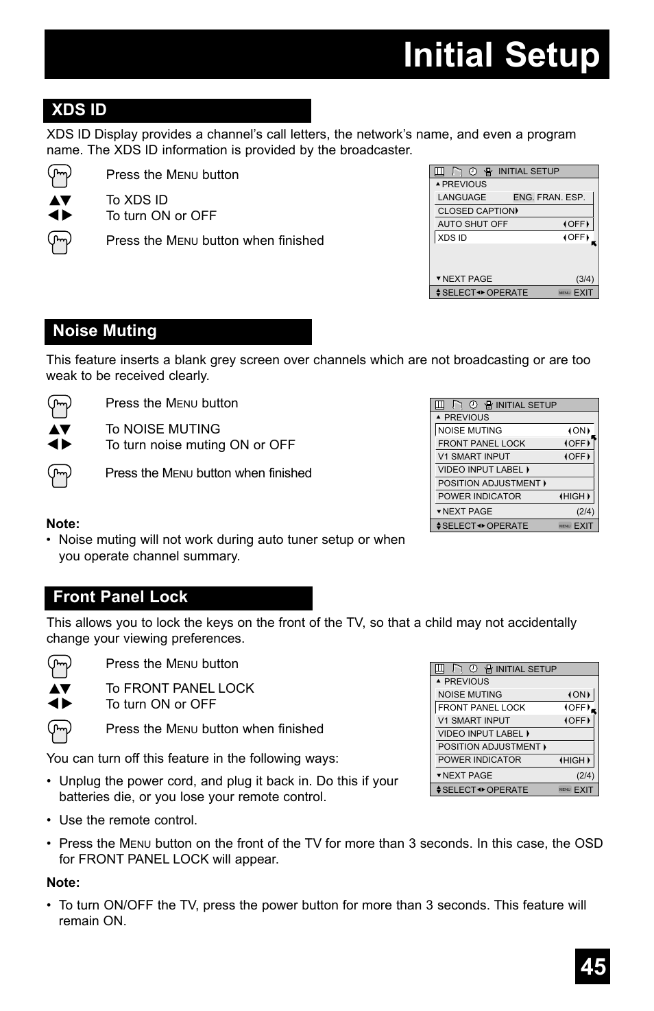 Initial setup, Xds id, Noise muting | Front panel lock | JVC AV-48WP55 User Manual | Page 45 / 72