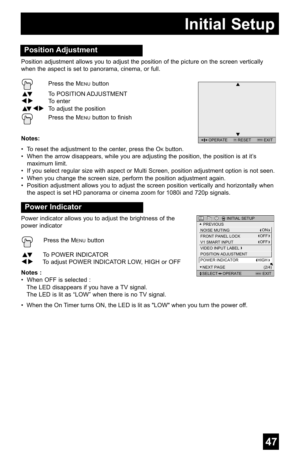 Initial setup, Position adjustment, Power indicator | JVC AV-48WP55 User Manual | Page 47 / 72