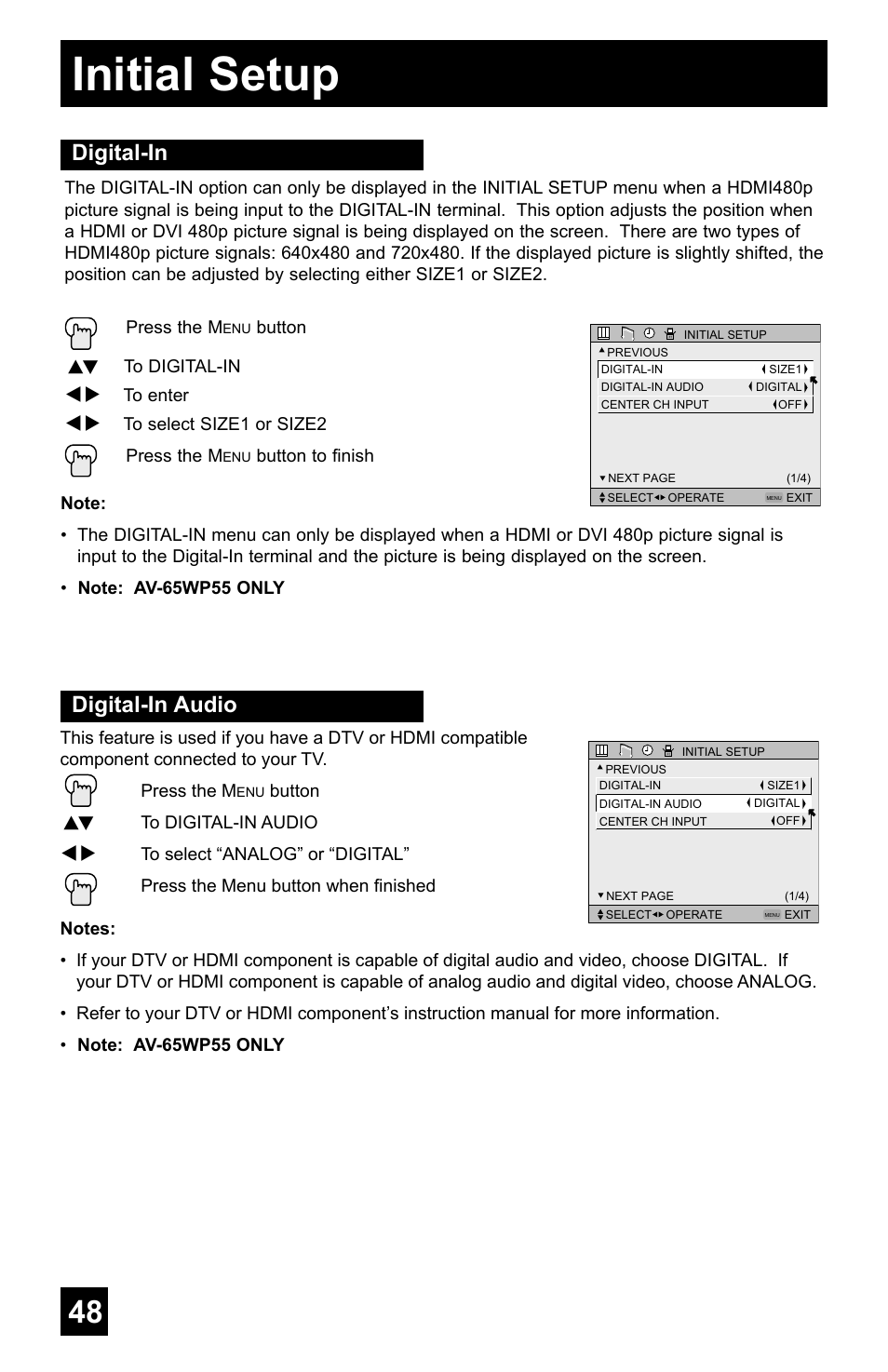 Initial setup, Digital-in, Digital-in audio | JVC AV-48WP55 User Manual | Page 48 / 72