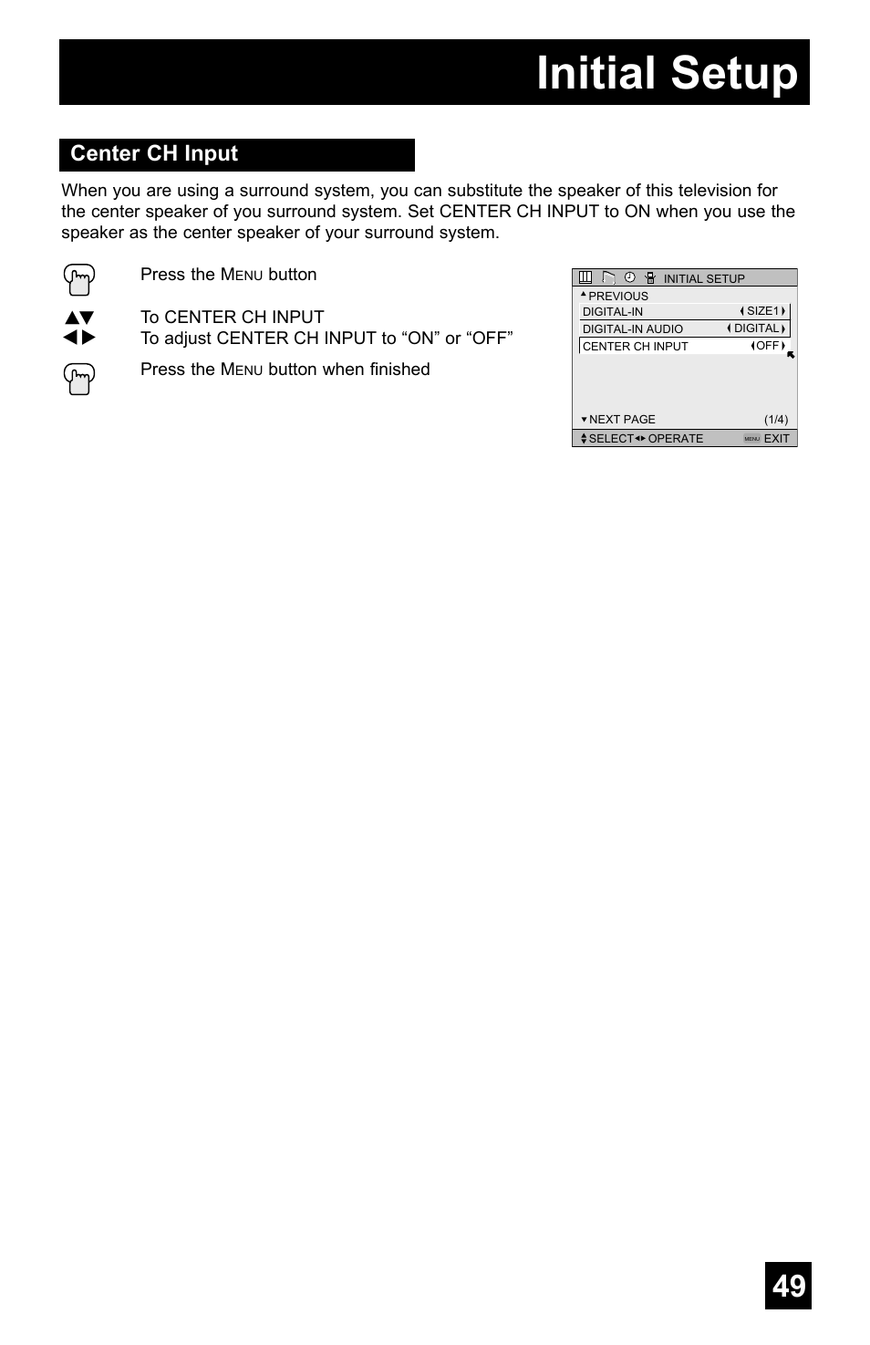 Initial setup, Center ch input | JVC AV-48WP55 User Manual | Page 49 / 72