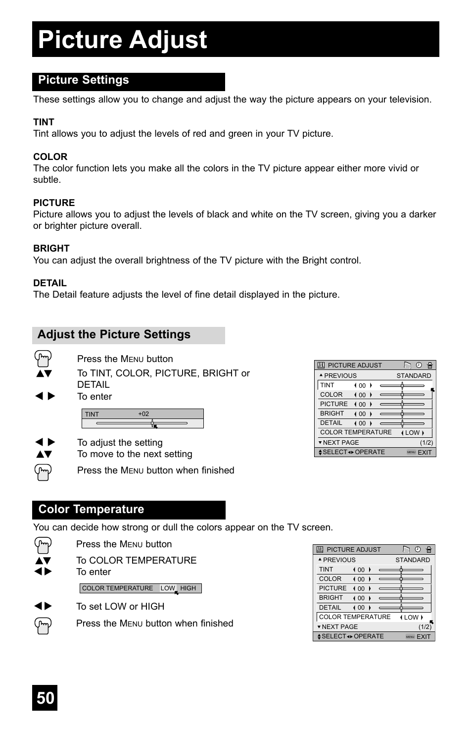 Picture adjust | JVC AV-48WP55 User Manual | Page 50 / 72