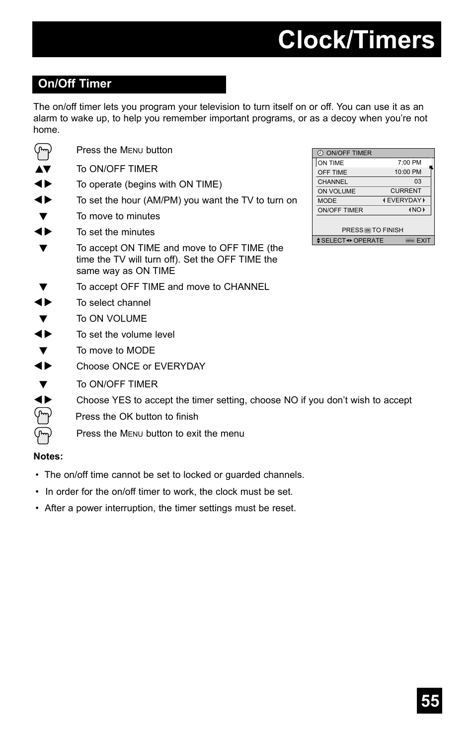 Clock/timers, On/off timer | JVC AV-48WP55 User Manual | Page 55 / 72