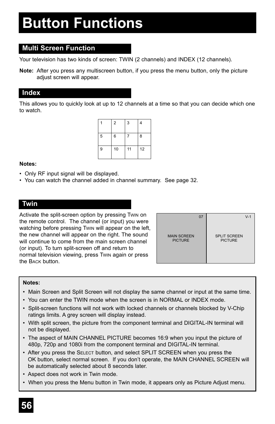 Button functions, Multi screen function, Index | Twin | JVC AV-48WP55 User Manual | Page 56 / 72