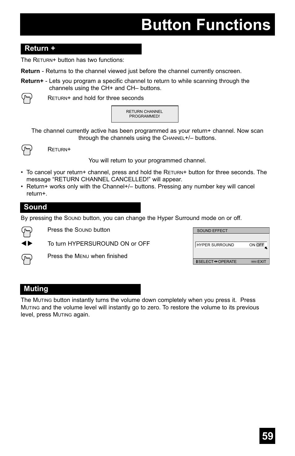 Button functions, Return, Sound | Muting | JVC AV-48WP55 User Manual | Page 59 / 72