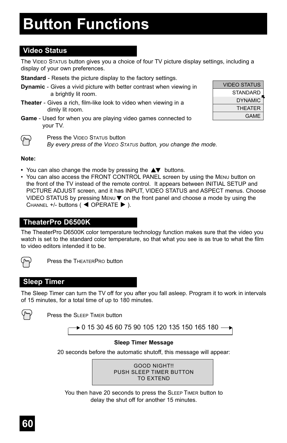 Button functions, Video status, Theaterpro d6500k | Sleep timer | JVC AV-48WP55 User Manual | Page 60 / 72