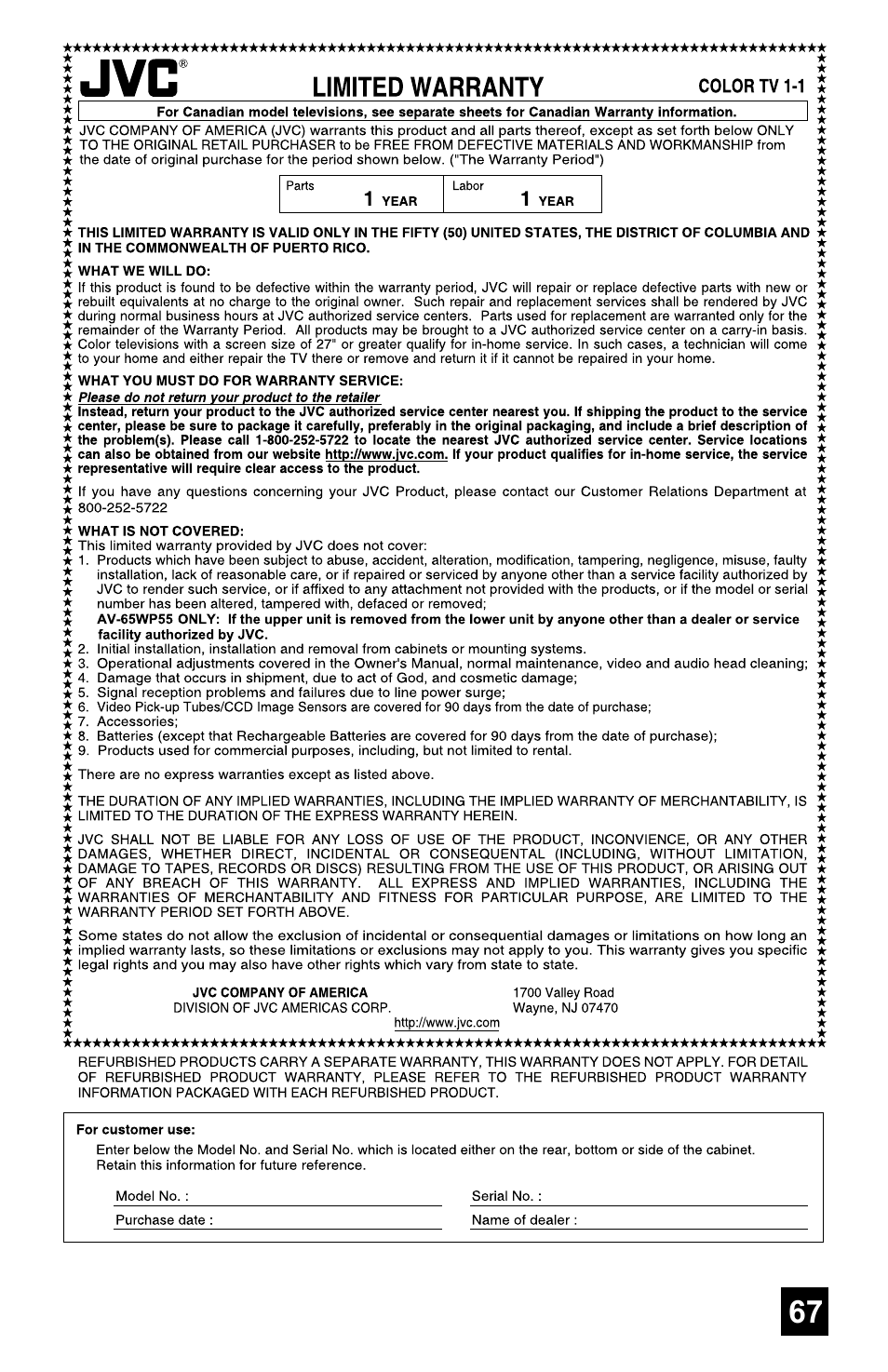 JVC AV-48WP55 User Manual | Page 67 / 72
