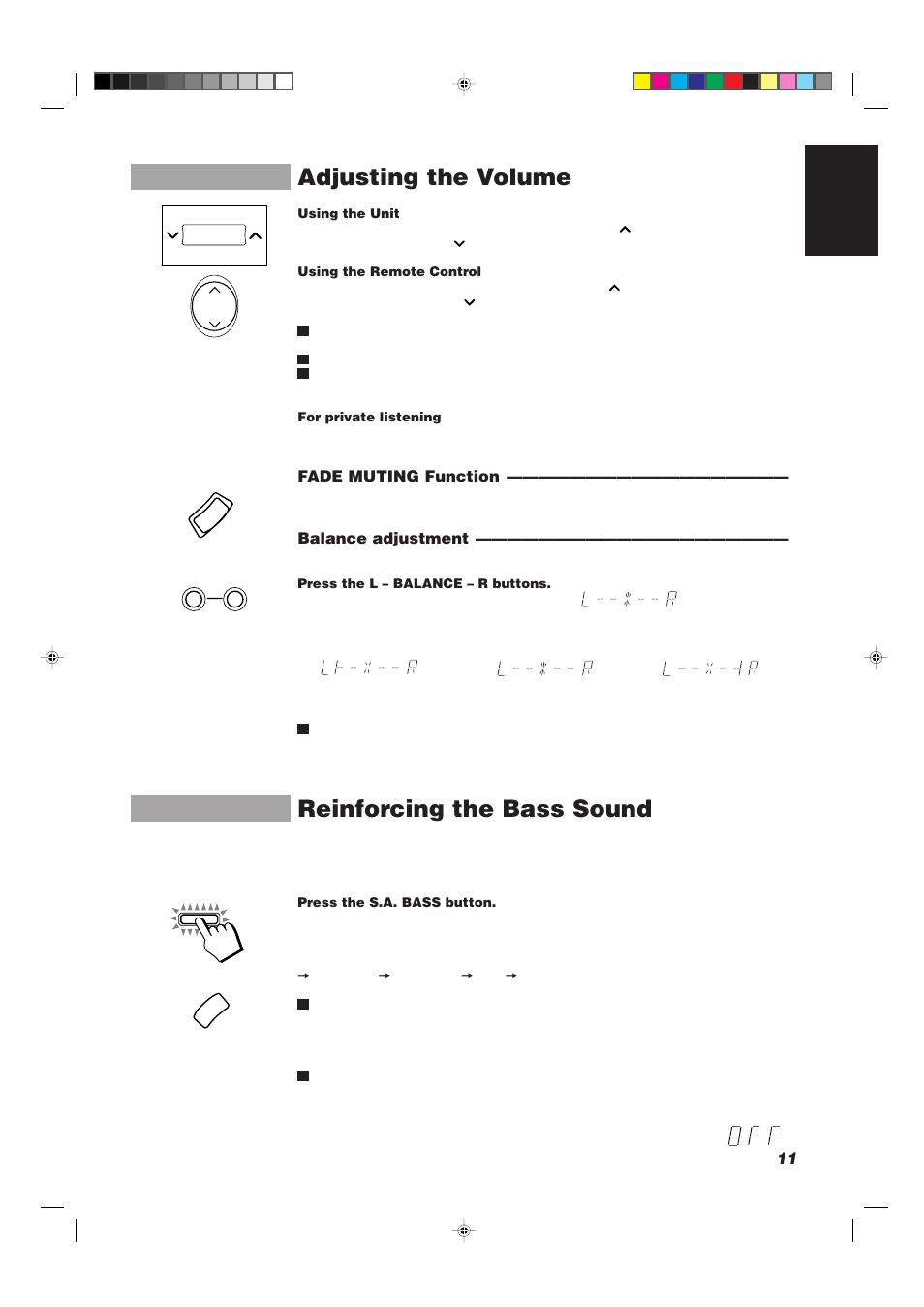 Adjusting the volume, Reinforcing the bass sound, 11 english | Fade muting function, Balance adjustment | JVC CATD77 User Manual | Page 15 / 57