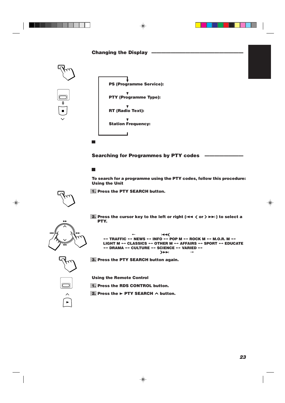 23 english, Changing the display, Searching for programmes by pty codes | JVC CATD77 User Manual | Page 27 / 57