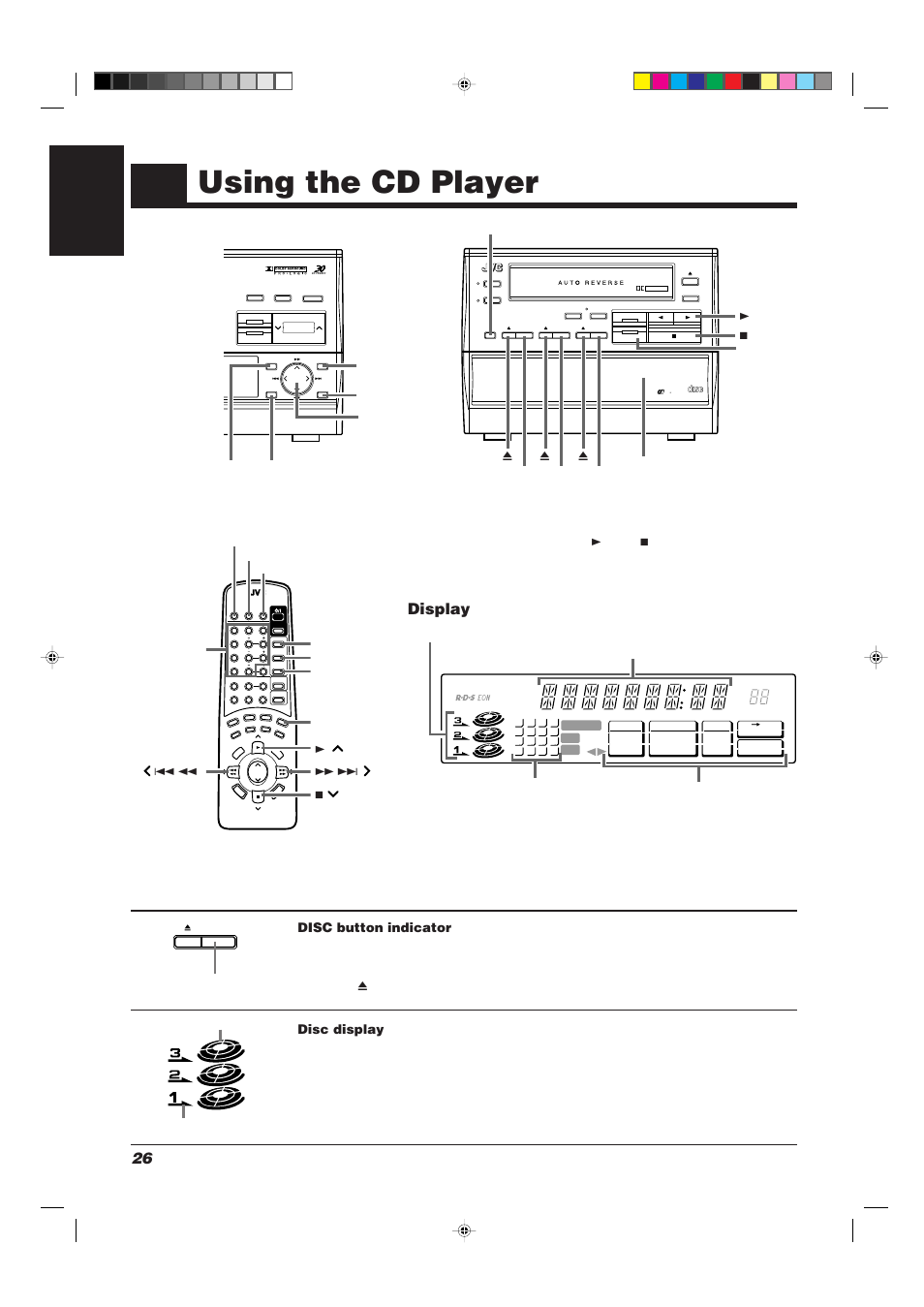 Using the cd player, 26 english, Display | Compact digital audio, Disc button indicator, Disc display, Indicator disc display cd indicator disc marker | JVC CATD77 User Manual | Page 30 / 57