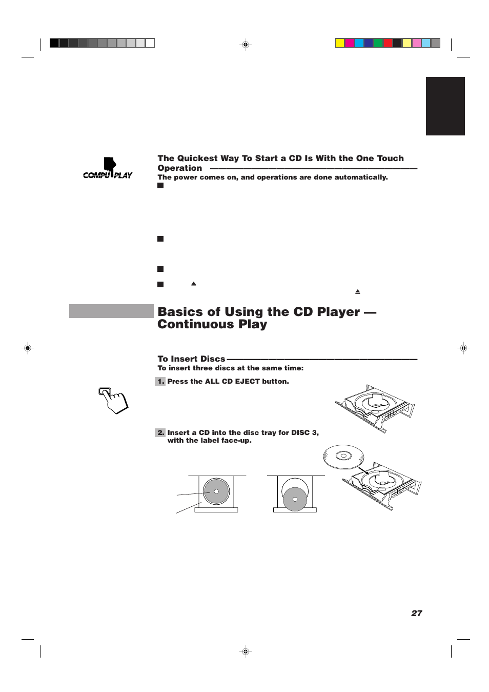 Basics of using the cd player — continuous play, 27 english | JVC CATD77 User Manual | Page 31 / 57