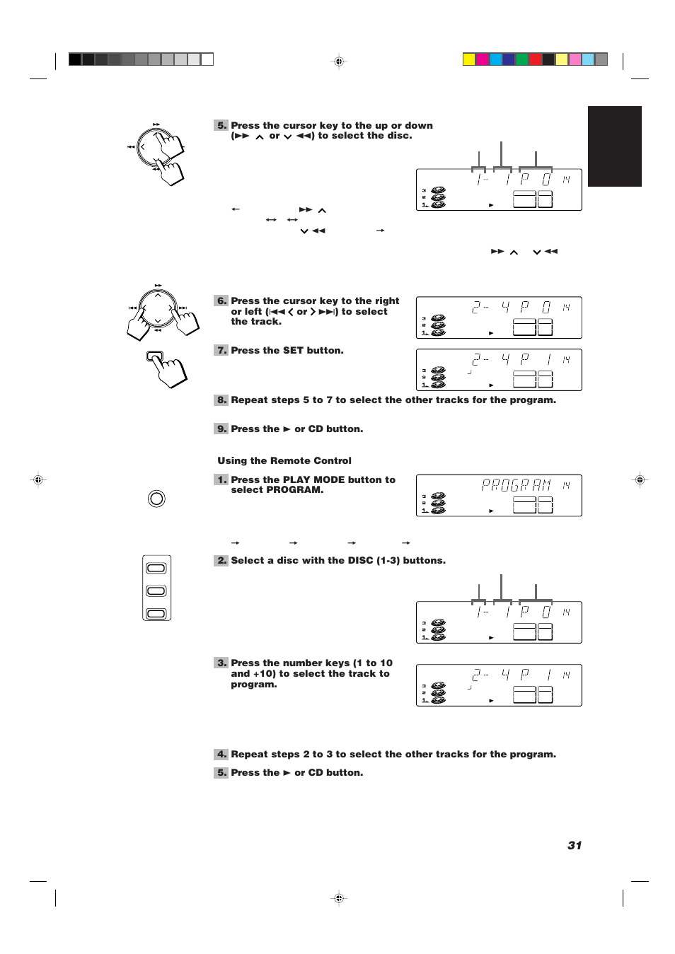 31 english, Press the set button, Press the 3 or cd button | Select a disc with the disc (1-3) buttons | JVC CATD77 User Manual | Page 35 / 57