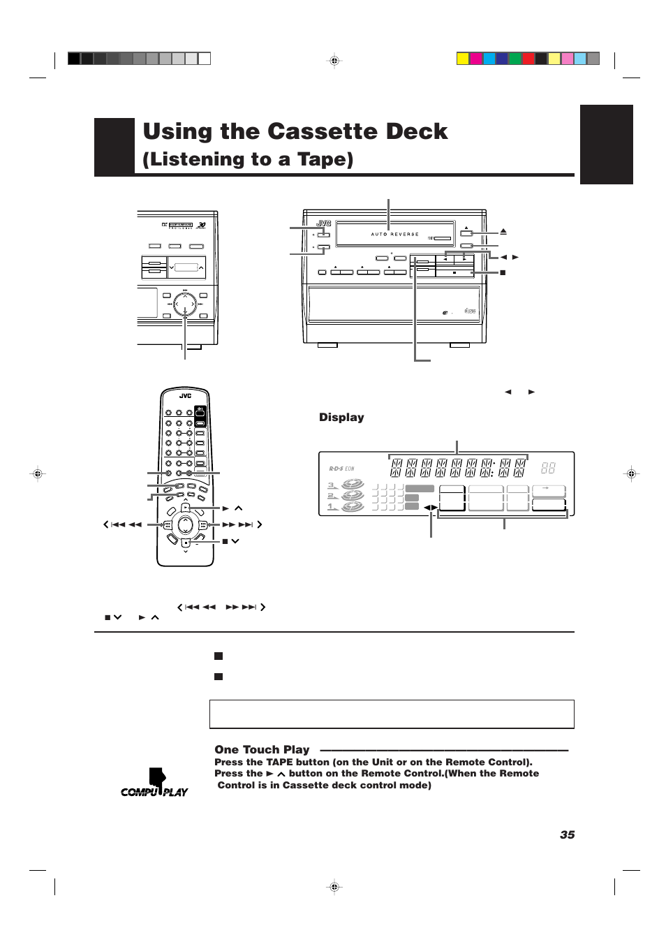 Using the cassette deck, Listening to a tape), 35 english | One touch play, Display, Compact digital audio | JVC CATD77 User Manual | Page 39 / 57