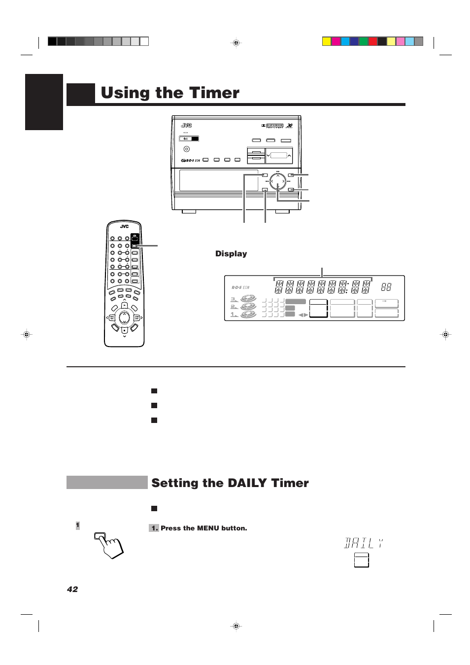 Using the timer, Setting the daily timer, 42 english | Display, Press the menu button, Set enter cursor keys cancel menu, Sleep | JVC CATD77 User Manual | Page 46 / 57