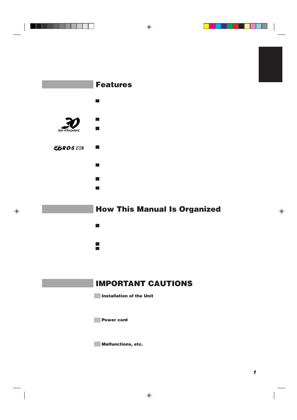Features, How this manual is organized, Important cautions | JVC CATD77 User Manual | Page 5 / 57