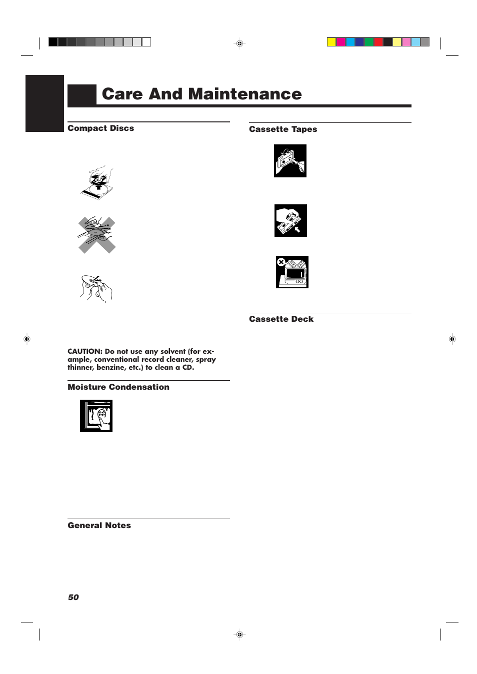 Care and maintenance, 50 english, Compact discs | Moisture condensation, Cassette tapes, Cassette deck | JVC CATD77 User Manual | Page 54 / 57