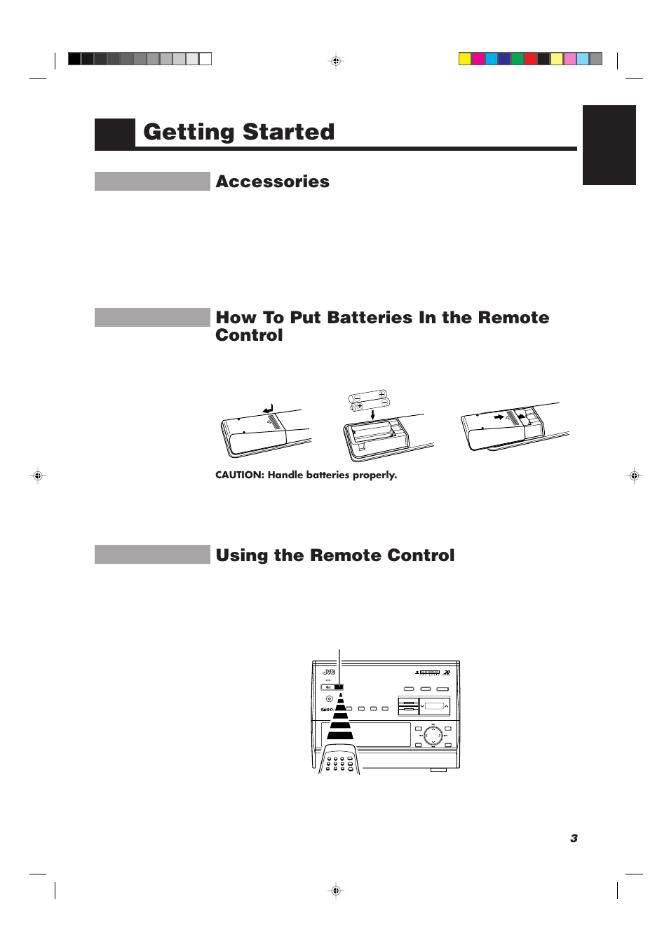 Getting started, Accessories, How to put batteries in the remote control | Using the remote control, 3english, Standby, Caution: handle batteries properly | JVC CATD77 User Manual | Page 7 / 57