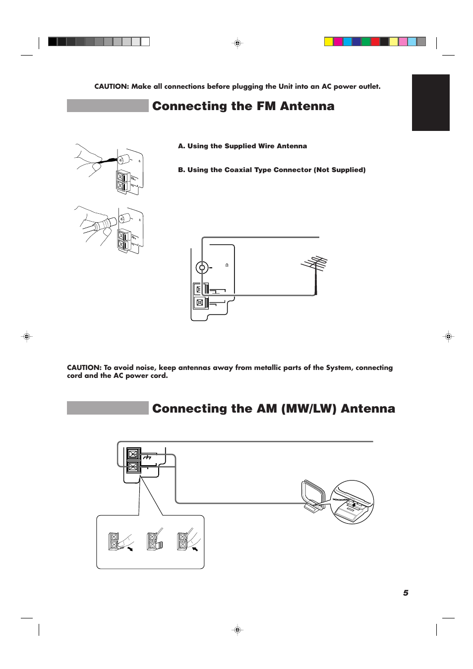 Connecting the fm antenna, Connecting the am (mw/lw) antenna, 5english | JVC CATD77 User Manual | Page 9 / 57