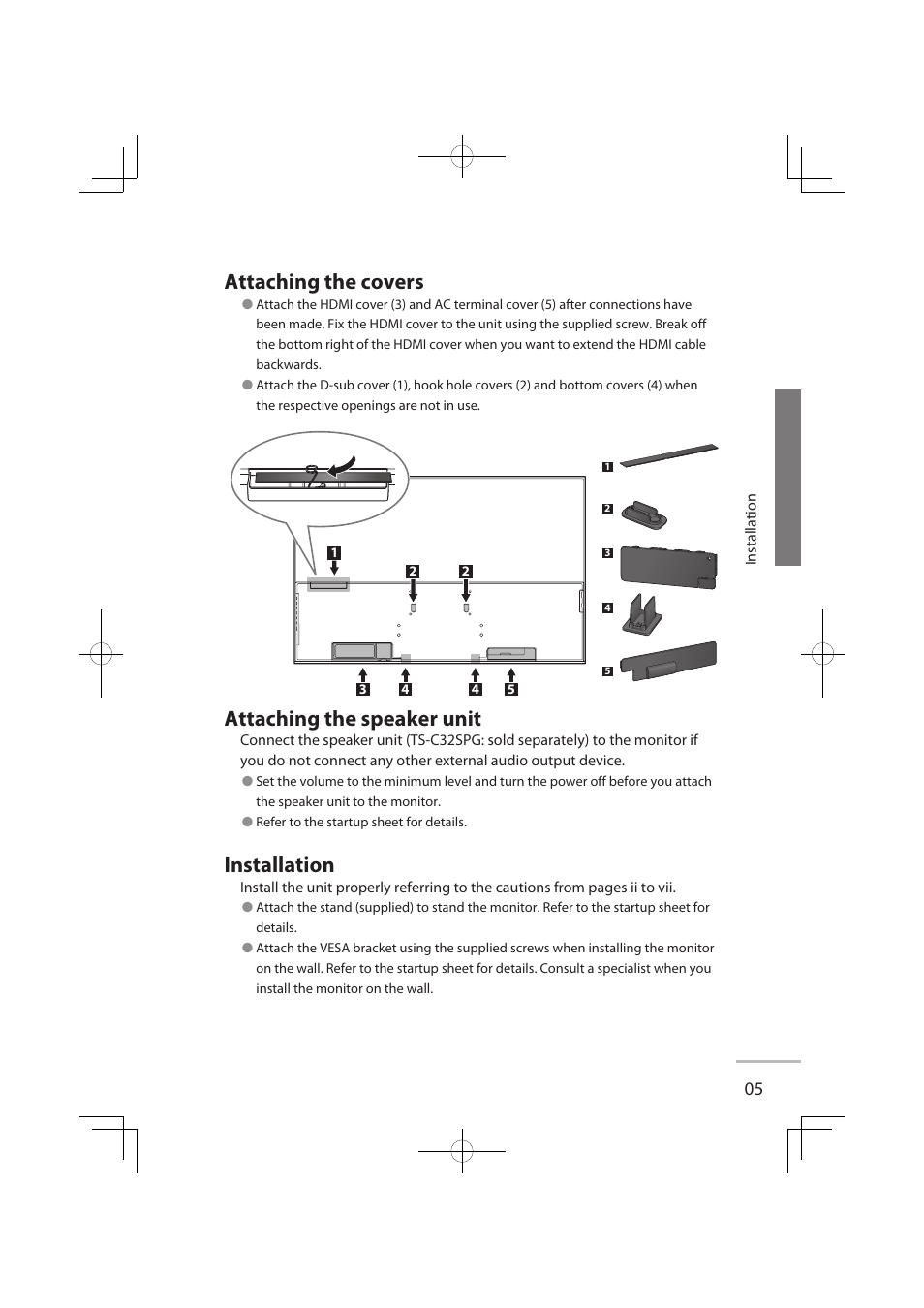 Attaching the covers, Attaching the speaker unit, Installation | JVC LCT2576-001A-H User Manual | Page 12 / 78