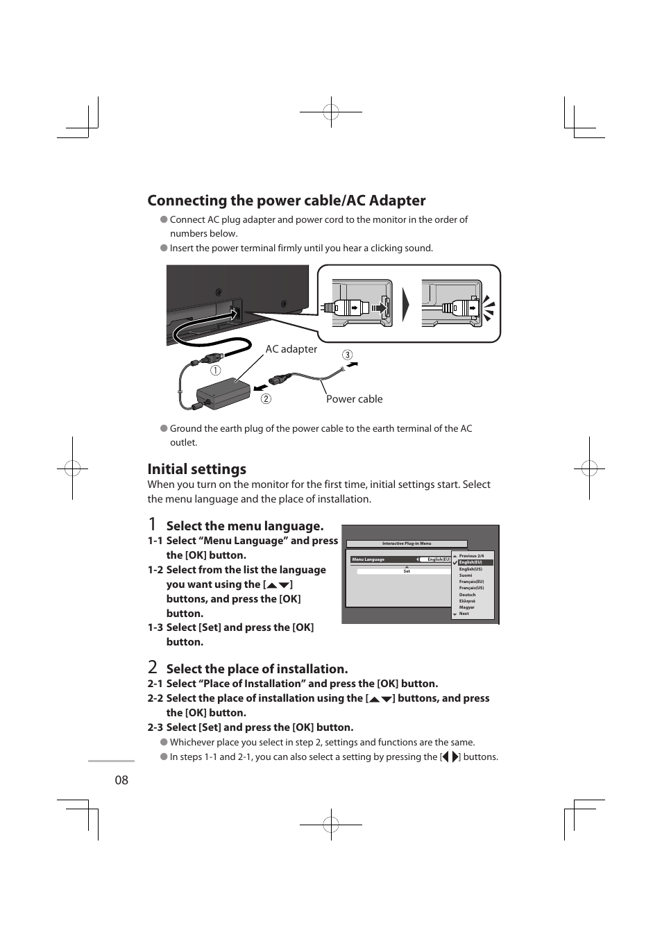 Connecting the power cable/ac adapter, Initial settings, Select the menu language | Select the place of installation | JVC LCT2576-001A-H User Manual | Page 15 / 78