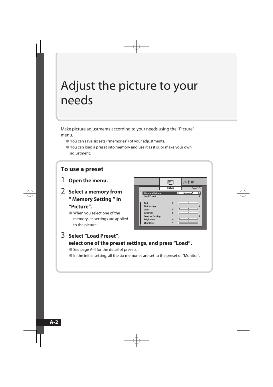 Adjust the picture to your needs, To use a preset, Open the menu | JVC LCT2576-001A-H User Manual | Page 21 / 78