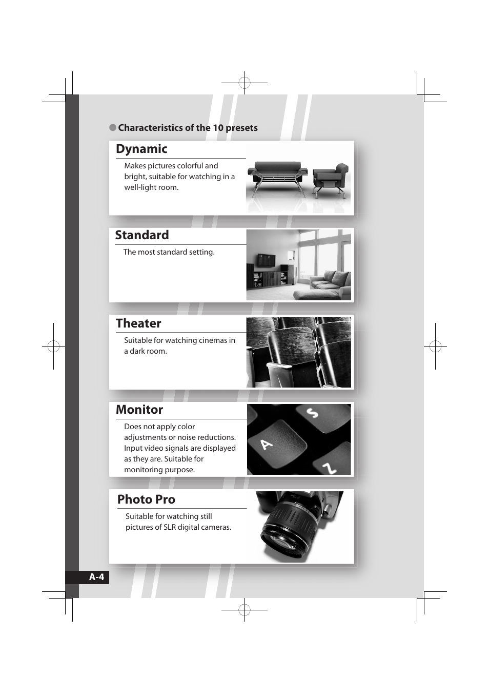 Characteristics of the 10 presets, Monitor, Standard | Photo pro, Dynamic, Theater | JVC LCT2576-001A-H User Manual | Page 23 / 78