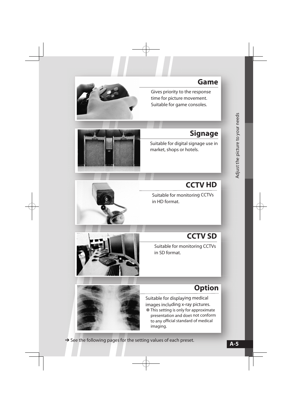 Game, Option, Cctv sd | Cctv hd, Signage | JVC LCT2576-001A-H User Manual | Page 24 / 78