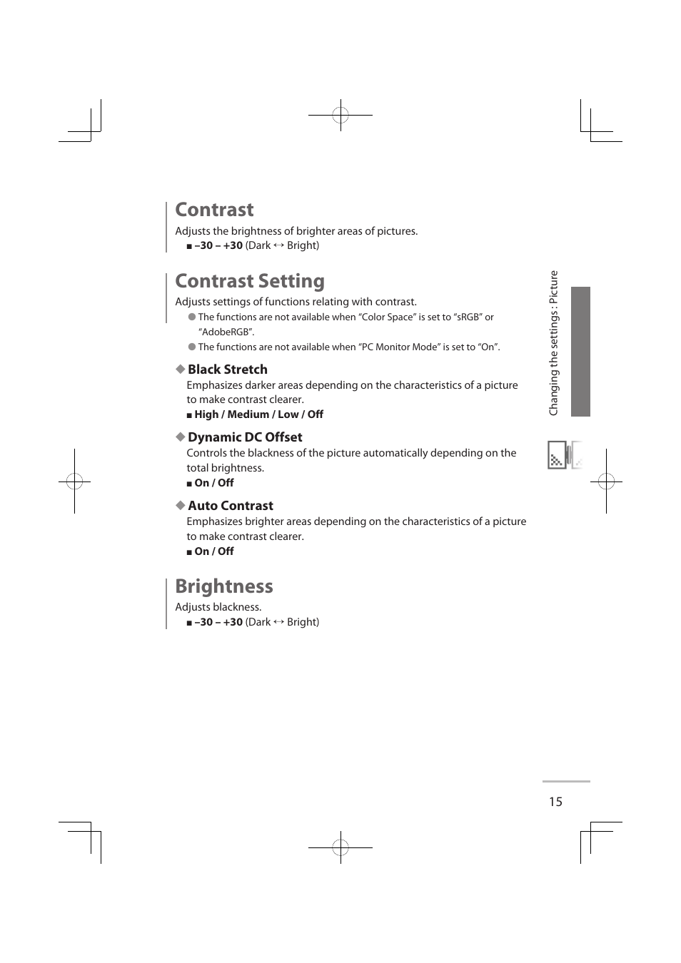 Contrast, Contrast setting, Brightness | JVC LCT2576-001A-H User Manual | Page 34 / 78