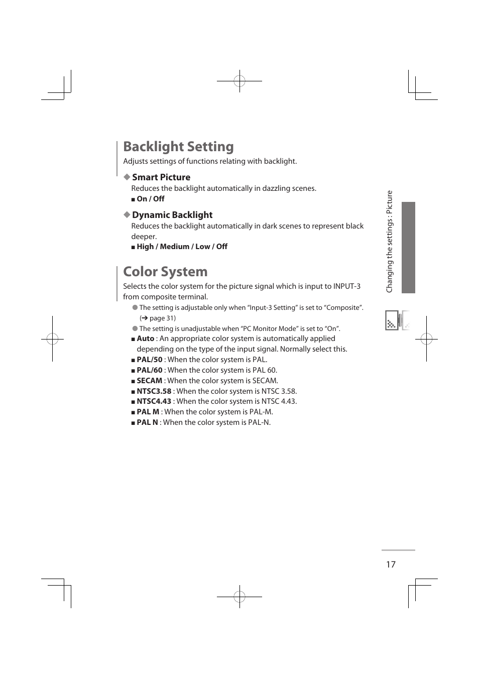 Backlight setting, Color system, Smart picture | Dynamic backlight | JVC LCT2576-001A-H User Manual | Page 36 / 78