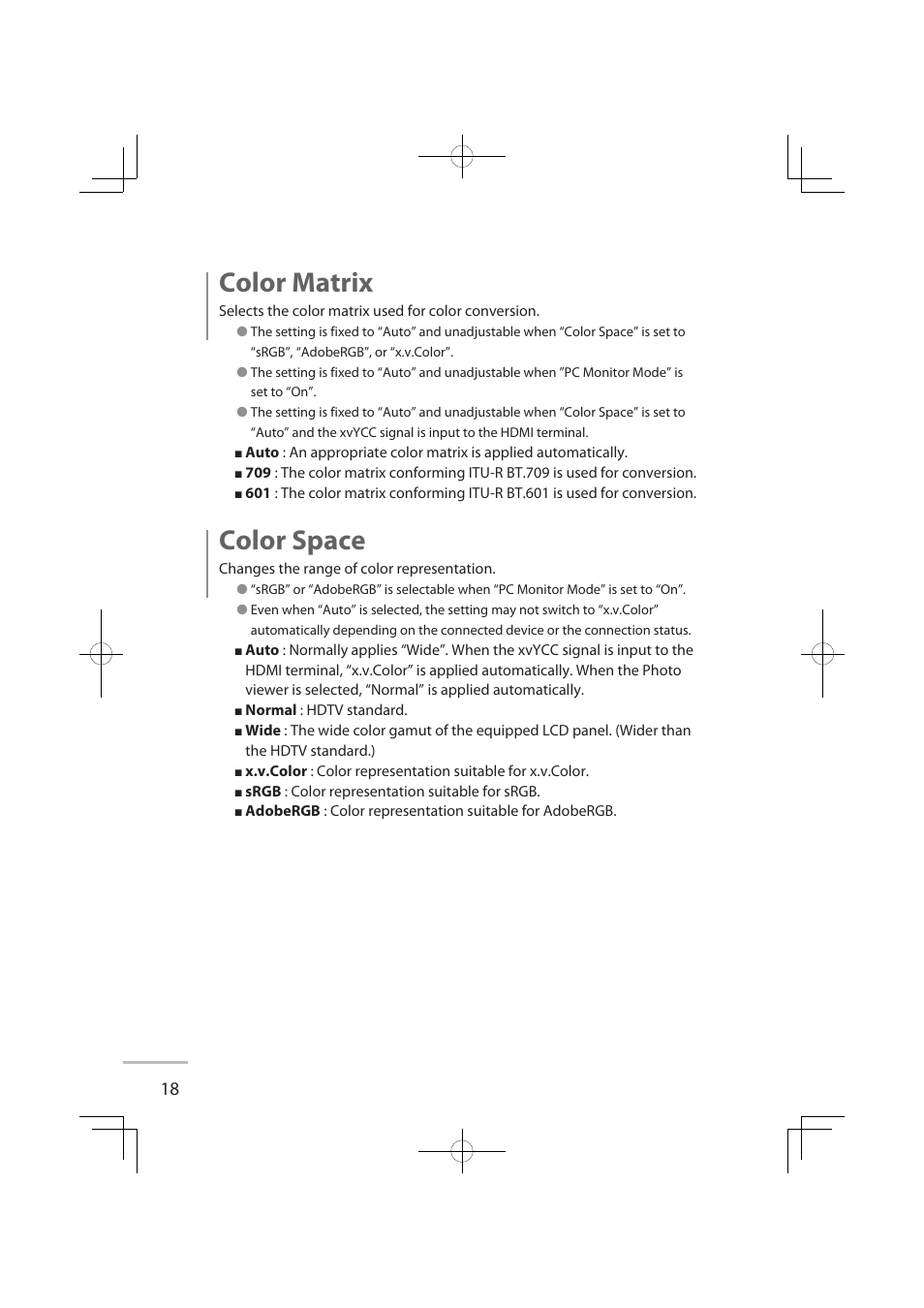 Color matrix, Color space | JVC LCT2576-001A-H User Manual | Page 37 / 78