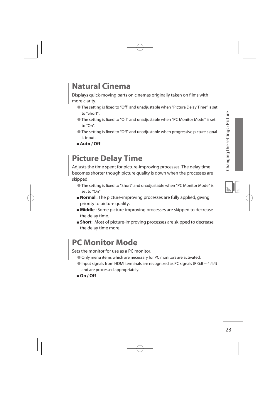 Natural cinema, Picture delay time, Pc monitor mode | JVC LCT2576-001A-H User Manual | Page 42 / 78