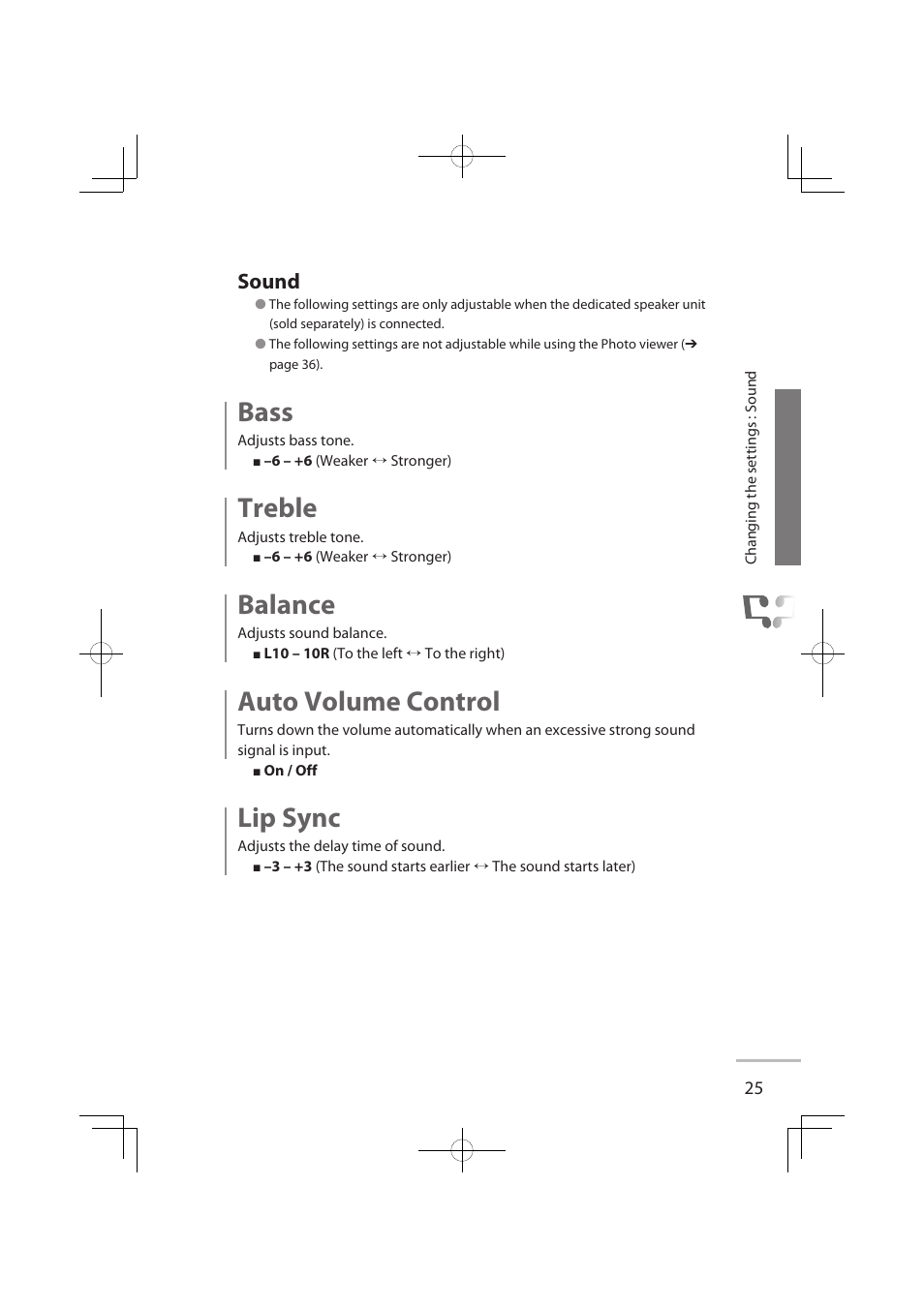 Sound, Bass, Treble | Balance, Auto volume control, Lip sync | JVC LCT2576-001A-H User Manual | Page 44 / 78