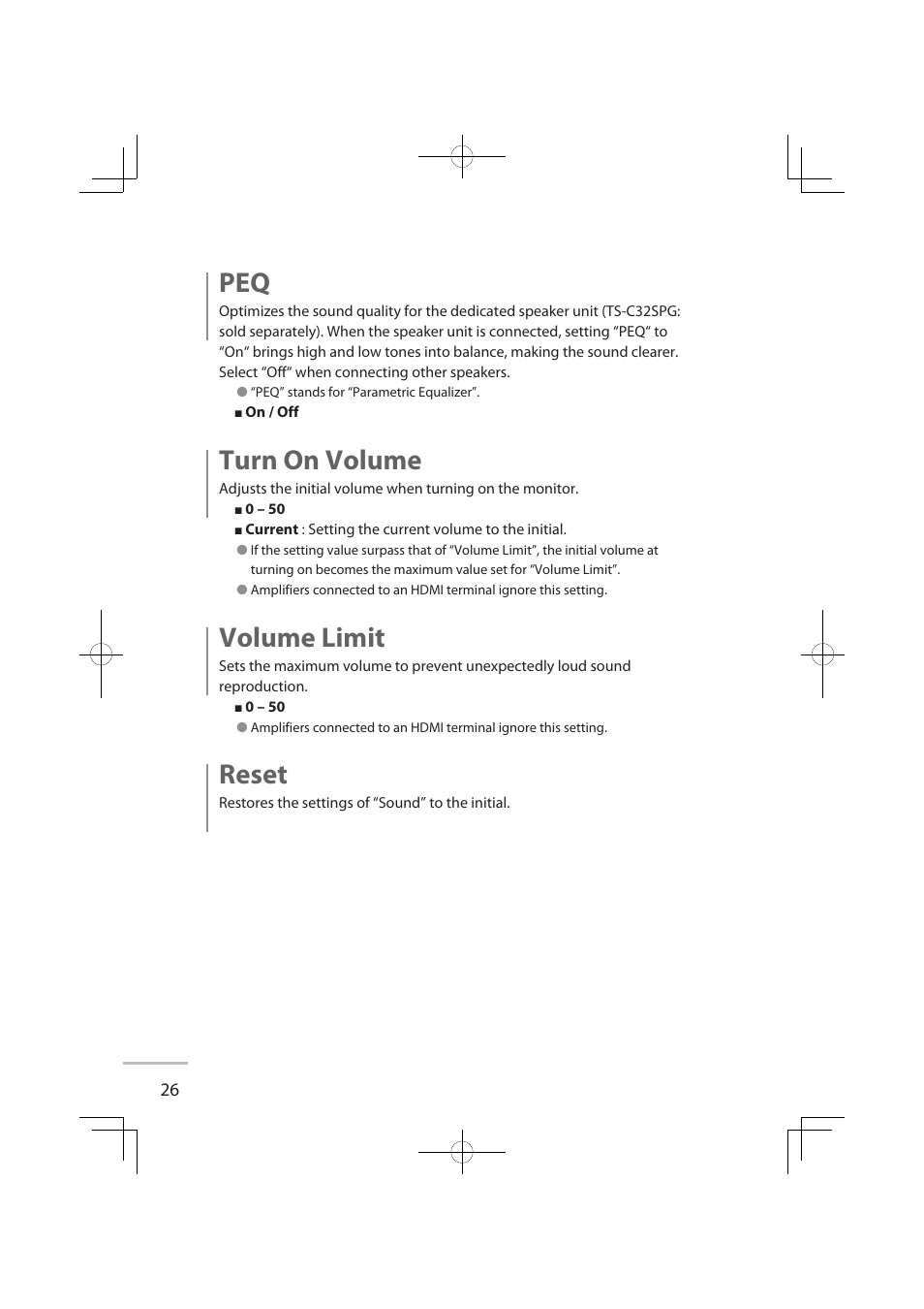Turn on volume, Volume limit, Reset | JVC LCT2576-001A-H User Manual | Page 45 / 78