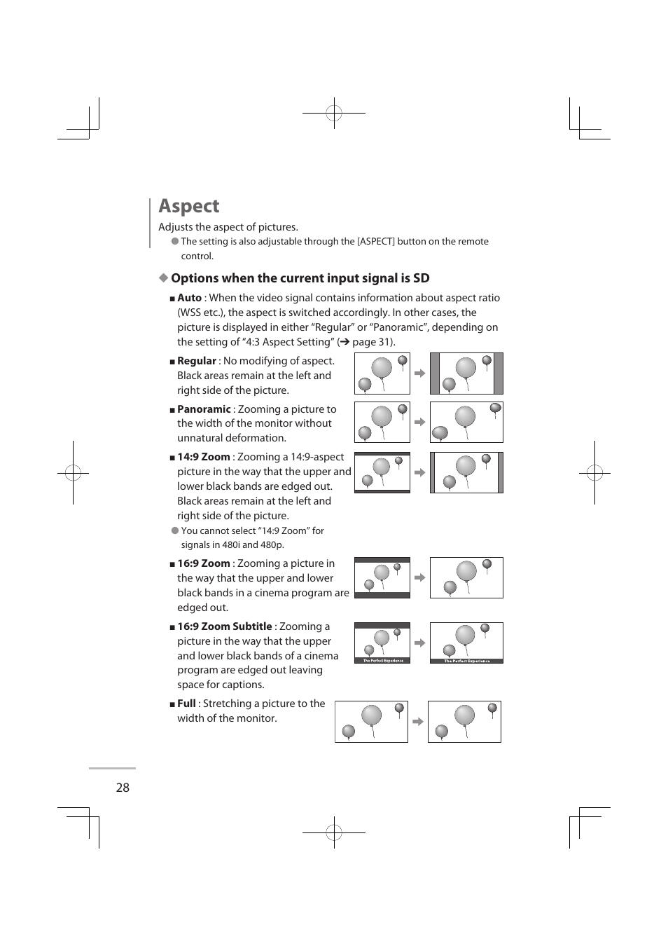 Aspect, Options when the current input signal is sd | JVC LCT2576-001A-H User Manual | Page 47 / 78