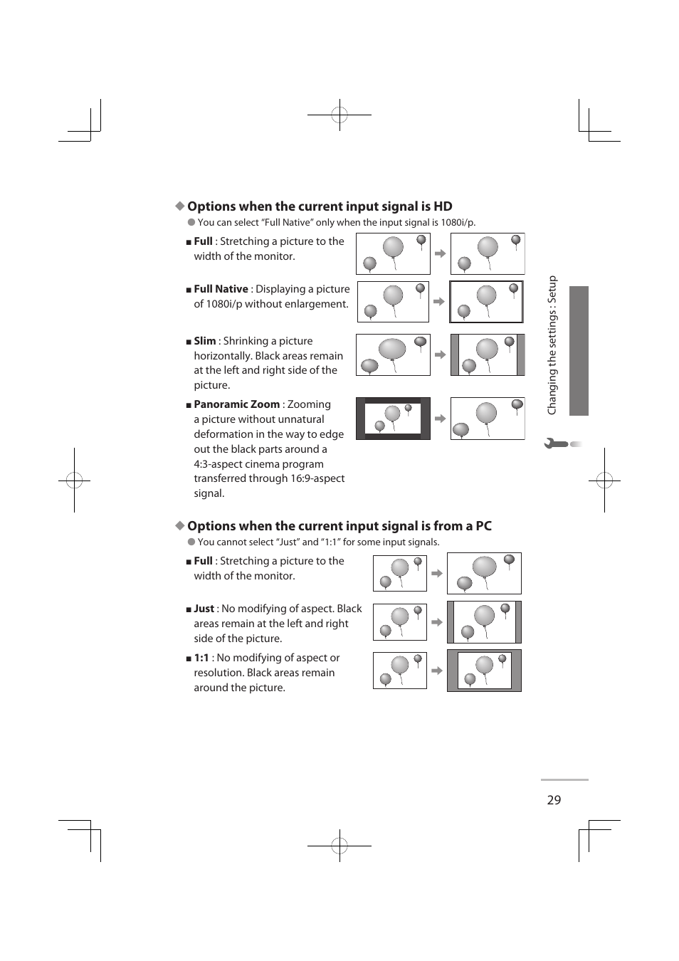 Options when the current input signal is hd, Options when the current input signal is from a pc | JVC LCT2576-001A-H User Manual | Page 48 / 78