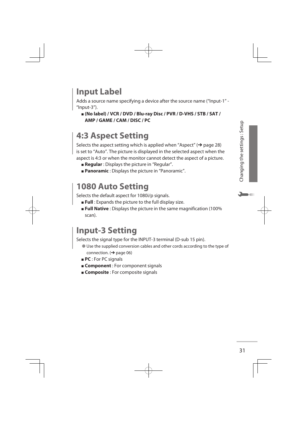 Input label, 3 aspect setting, 1080 auto setting | Input-3 setting | JVC LCT2576-001A-H User Manual | Page 50 / 78