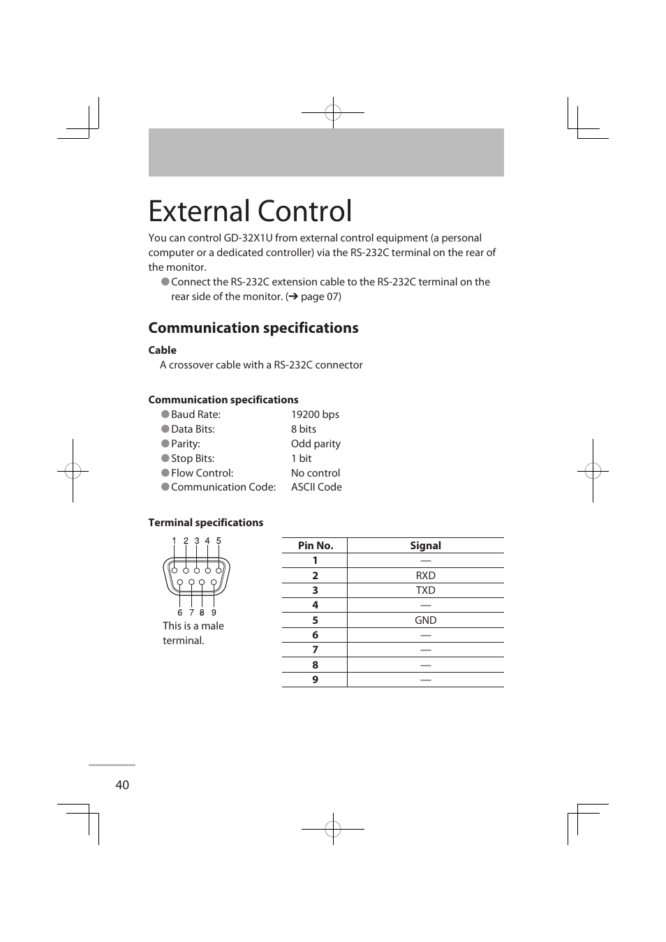 External control, Communication specifications | JVC LCT2576-001A-H User Manual | Page 59 / 78