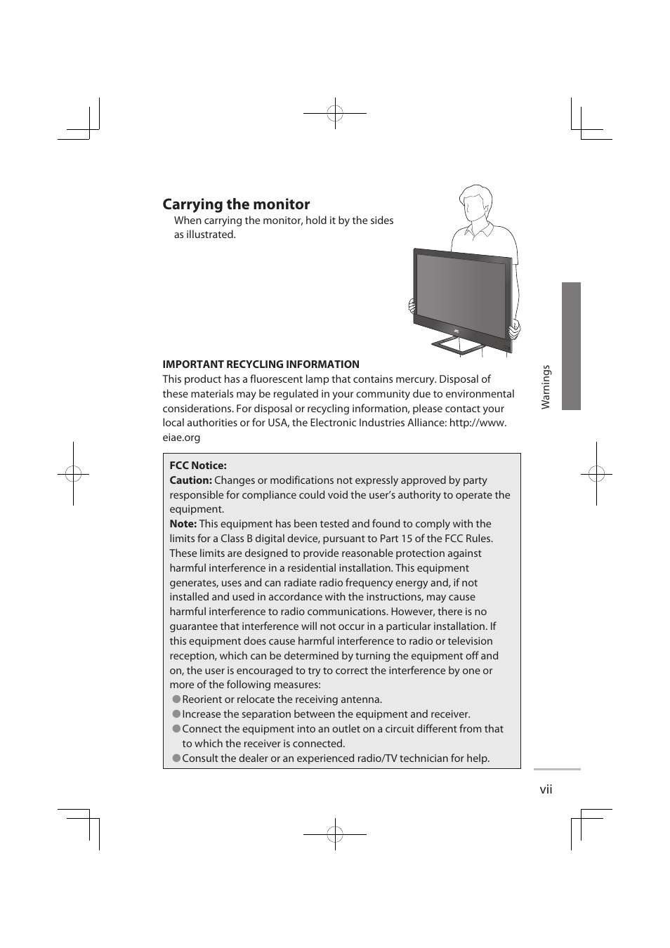 Carrying the monitor | JVC LCT2576-001A-H User Manual | Page 8 / 78