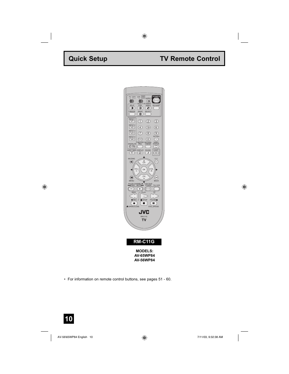 Quick setup tv remote control, Rm-c11g | JVC AV 56WP84 User Manual | Page 10 / 72