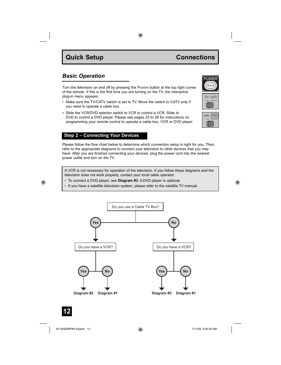 Quick setup connections, Basic operation | JVC AV 56WP84 User Manual | Page 12 / 72