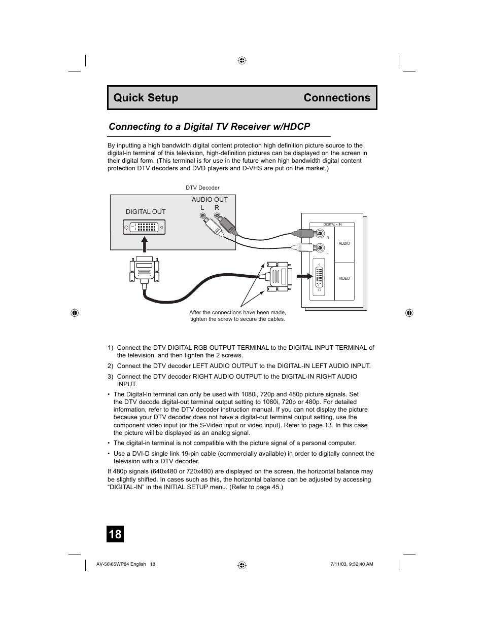 Quick setup connections, Connecting to a digital tv receiver w/hdcp | JVC AV 56WP84 User Manual | Page 18 / 72