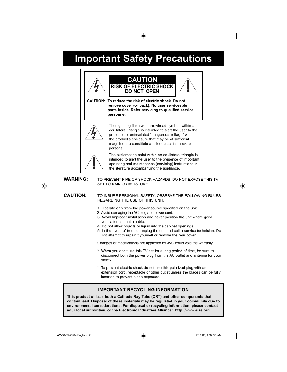 Important safety precautions, Caution, Risk of electric shock do not open | JVC AV 56WP84 User Manual | Page 2 / 72