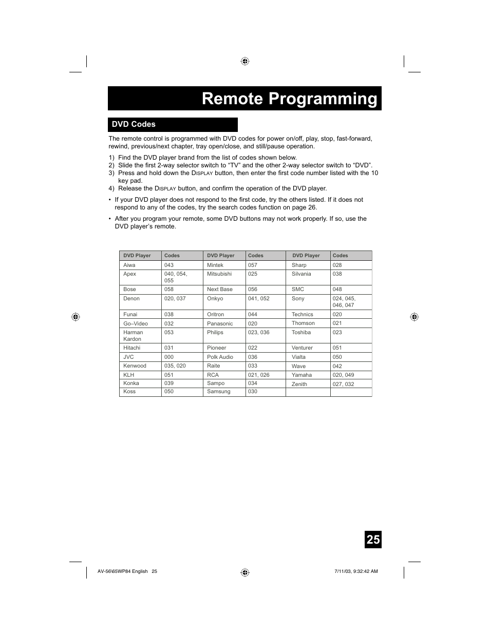 Remote programming, Dvd codes | JVC AV 56WP84 User Manual | Page 25 / 72