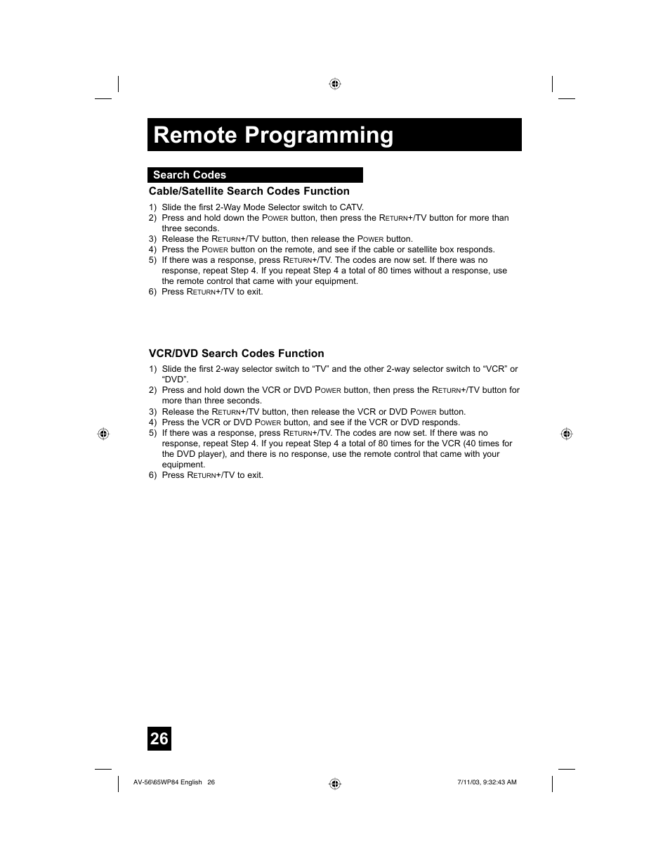 Remote programming | JVC AV 56WP84 User Manual | Page 26 / 72