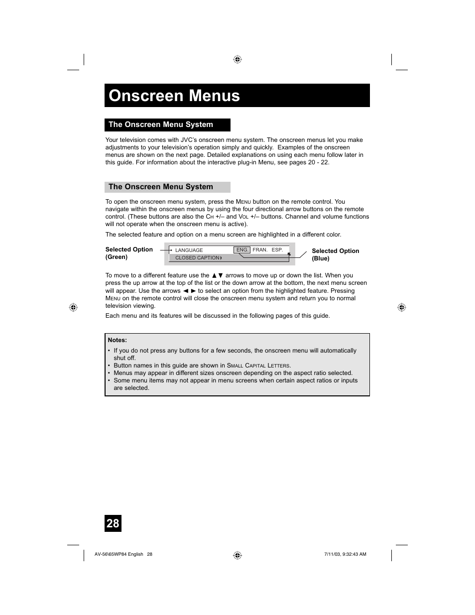 Onscreen menus | JVC AV 56WP84 User Manual | Page 28 / 72