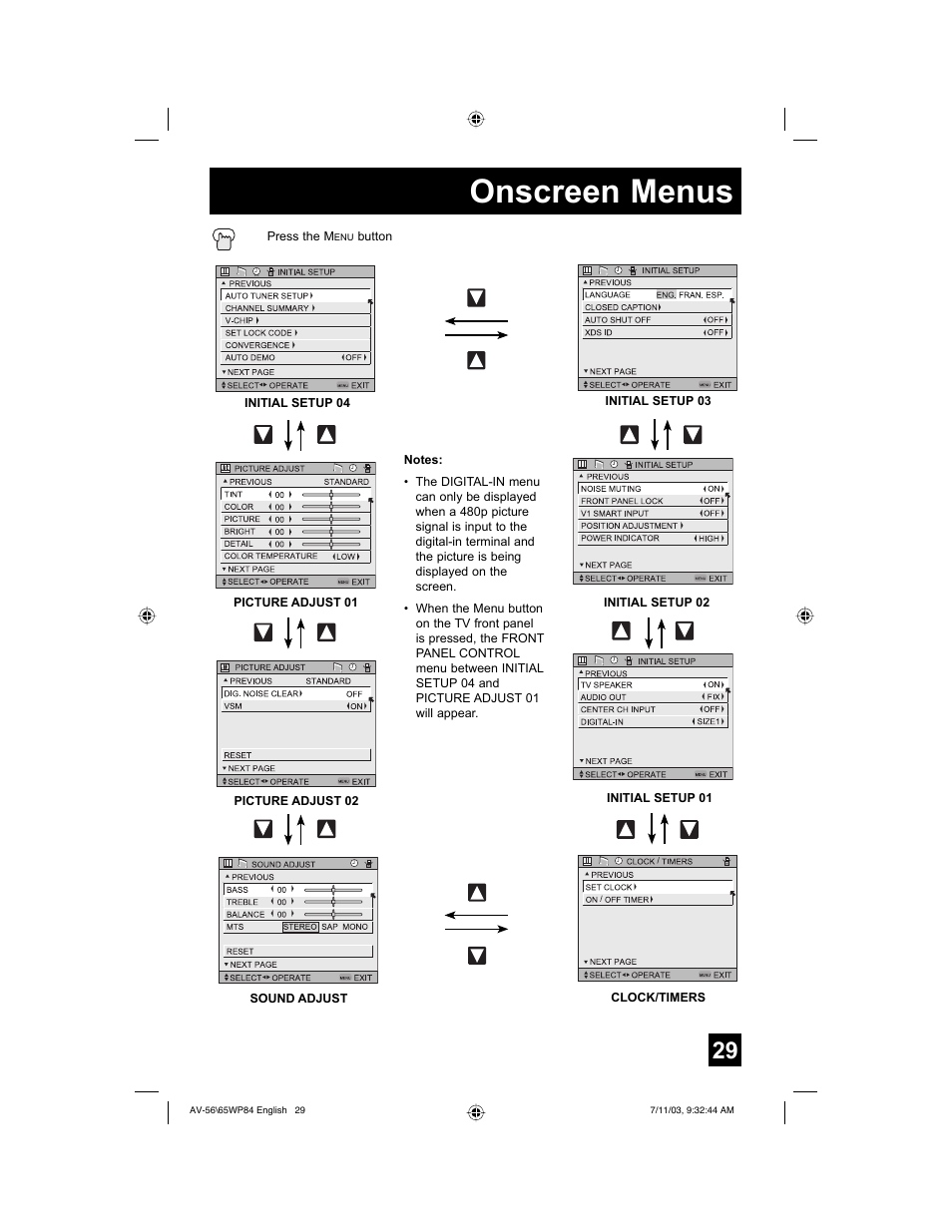 Onscreen menus | JVC AV 56WP84 User Manual | Page 29 / 72