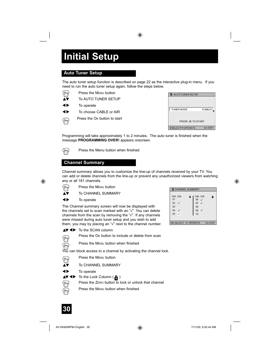 Initial setup | JVC AV 56WP84 User Manual | Page 30 / 72