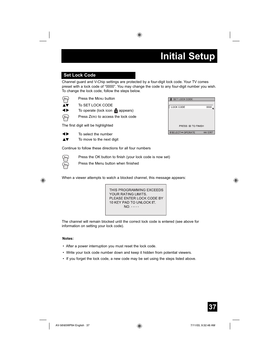 Initial setup | JVC AV 56WP84 User Manual | Page 37 / 72