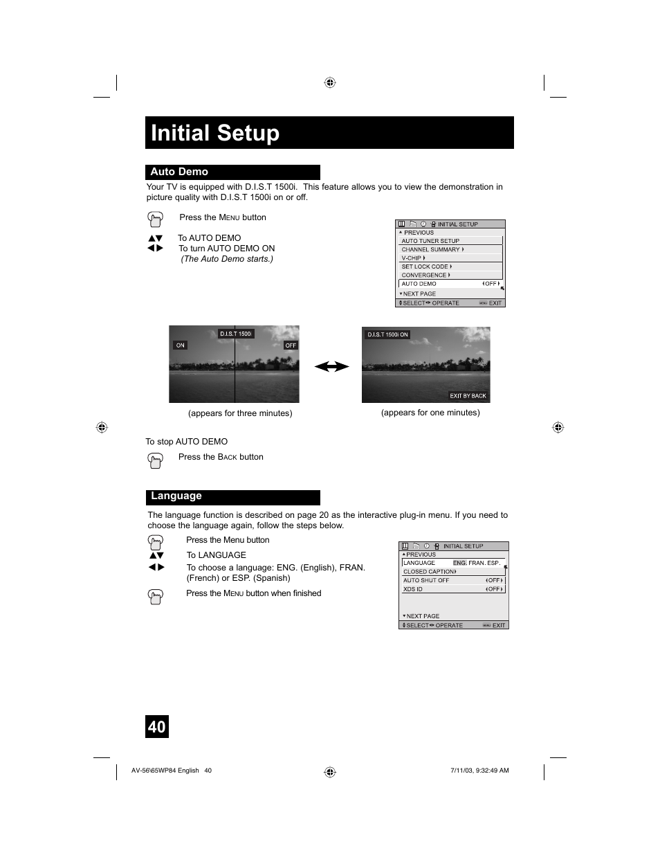 Initial setup | JVC AV 56WP84 User Manual | Page 40 / 72