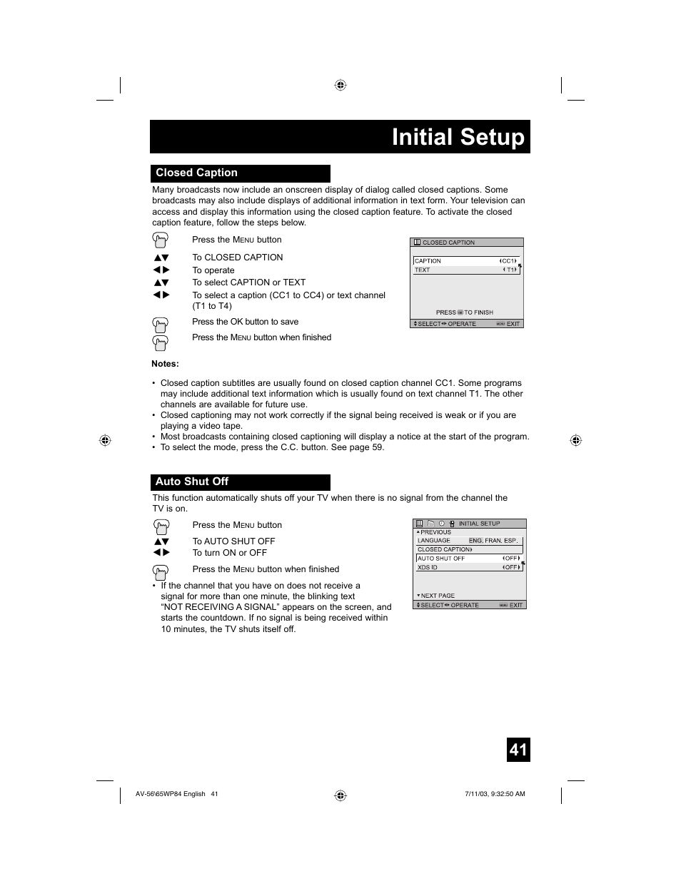 Initial setup | JVC AV 56WP84 User Manual | Page 41 / 72